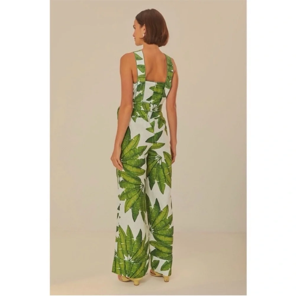 Farm Rio x Anthropologie Palm Fan Off-White Jumpsuit NWT Size XS Linen